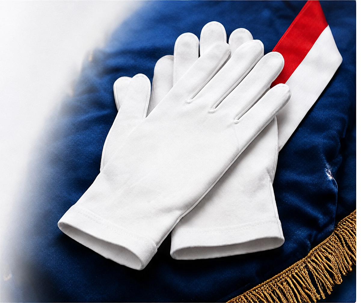 Białe rękawiczki sztandarowe EGMAR ułożone na granatowej tkaninie z czerwono-białą szarfą